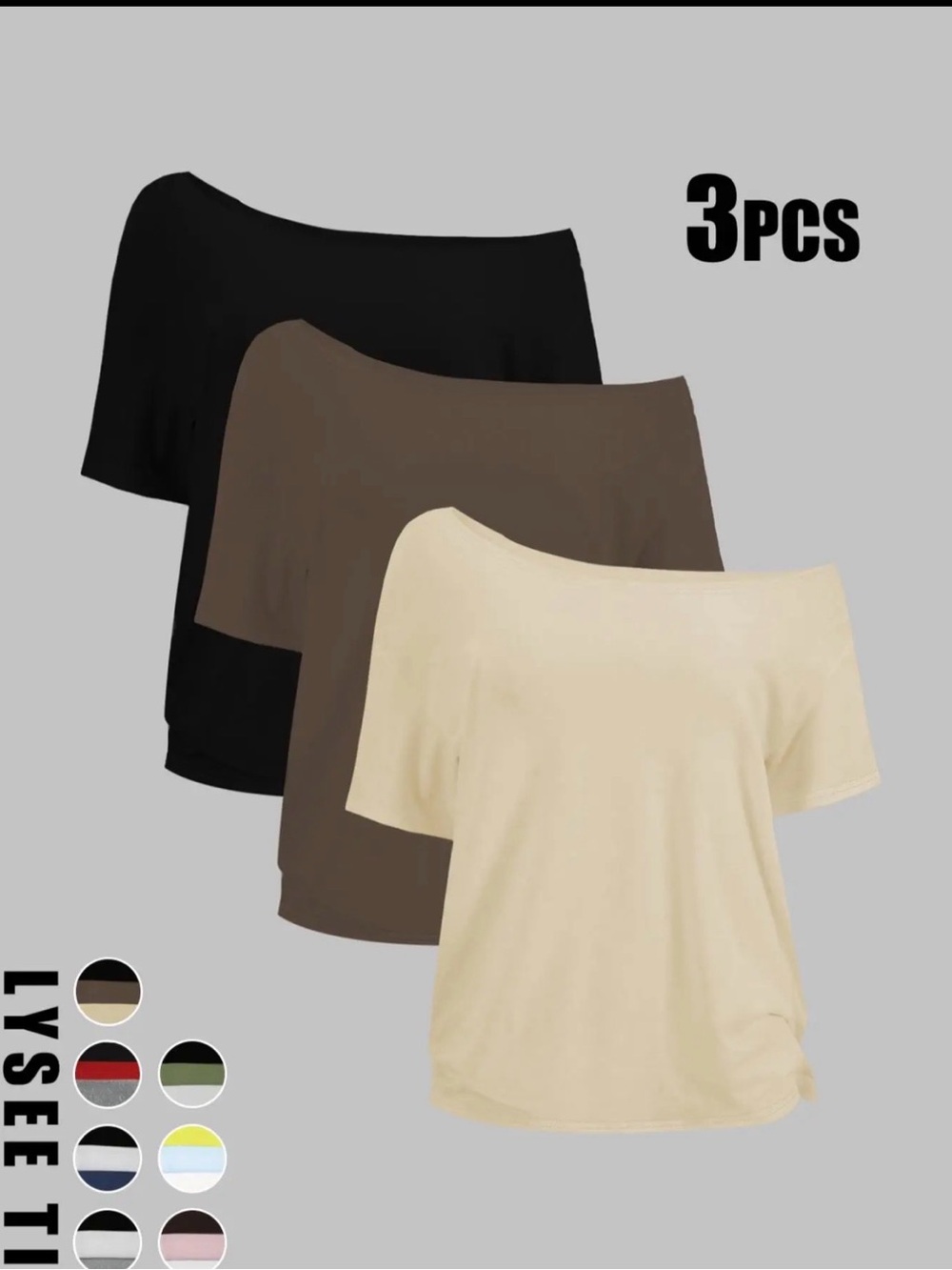 Three-Pack Off-Shoulder Short Sleeve Tops in Black, Brown, and Cream